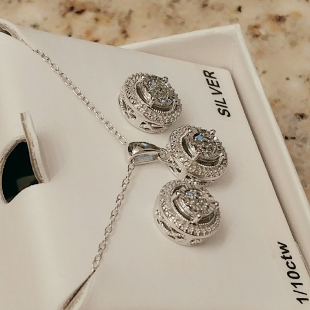 Sterling Silver Diamond Necklace & Earring Set - Picture 2 of 3